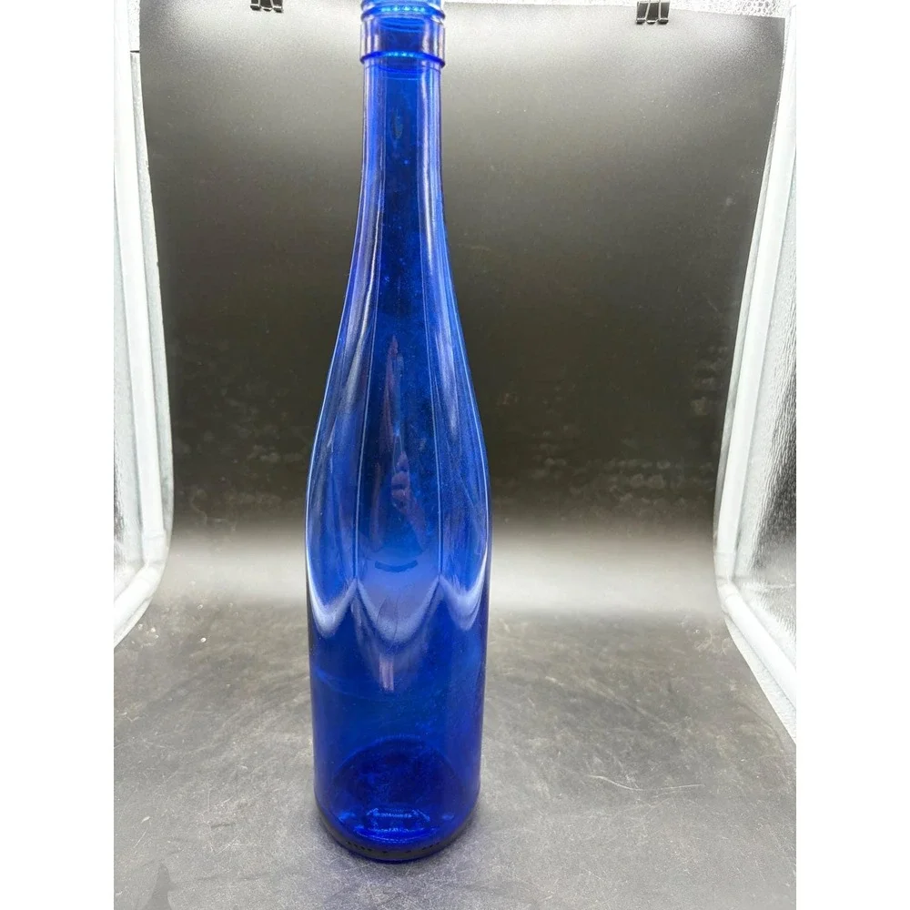 Vintage Cobalt Blue Glass Wine Bottle Tall Ribbed Decorative Vase 13.5 Inch